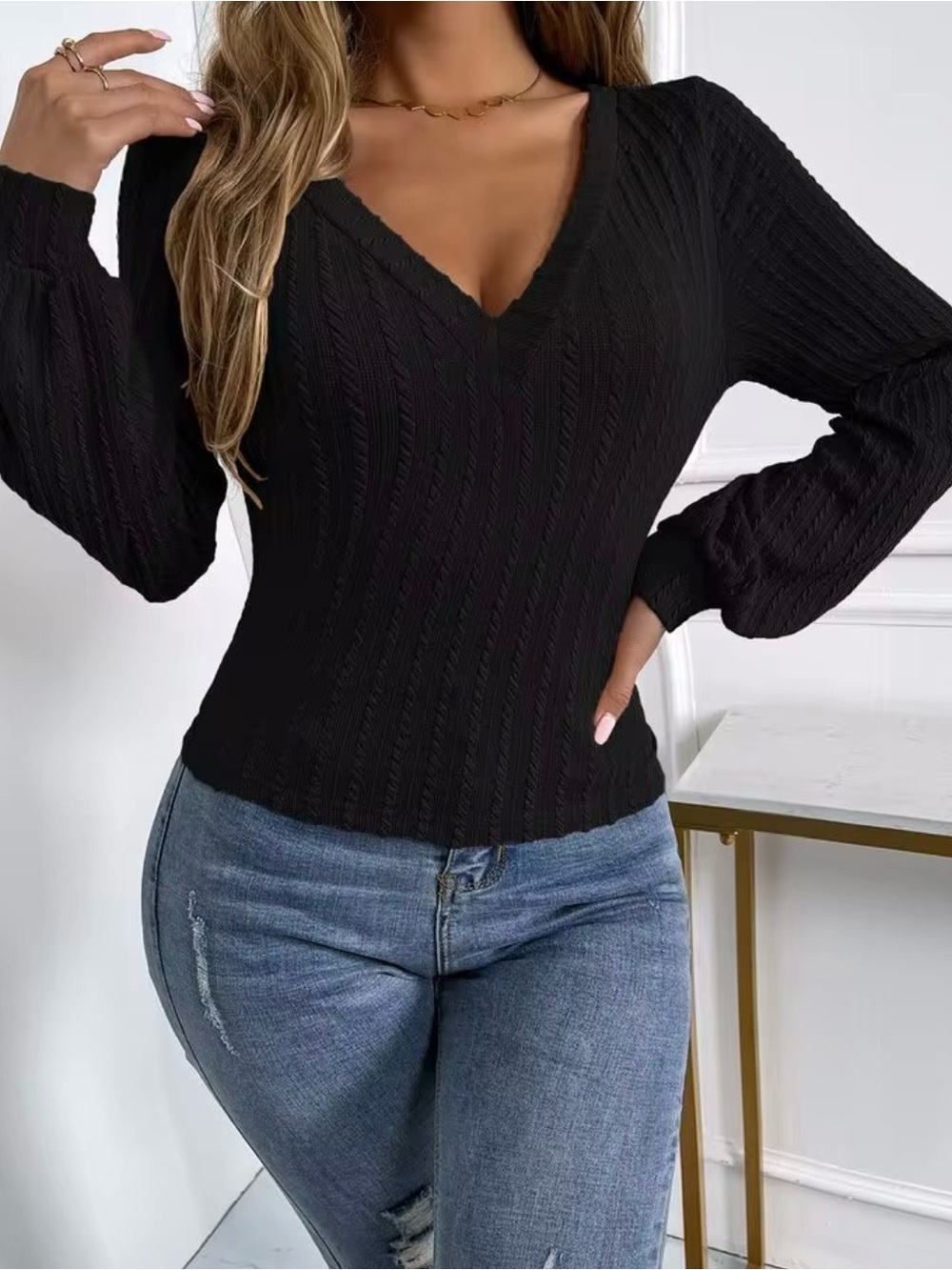 Women’s L Black Rib Knit V-Neck Bishop Sleeve Crop Top Sweater New Large